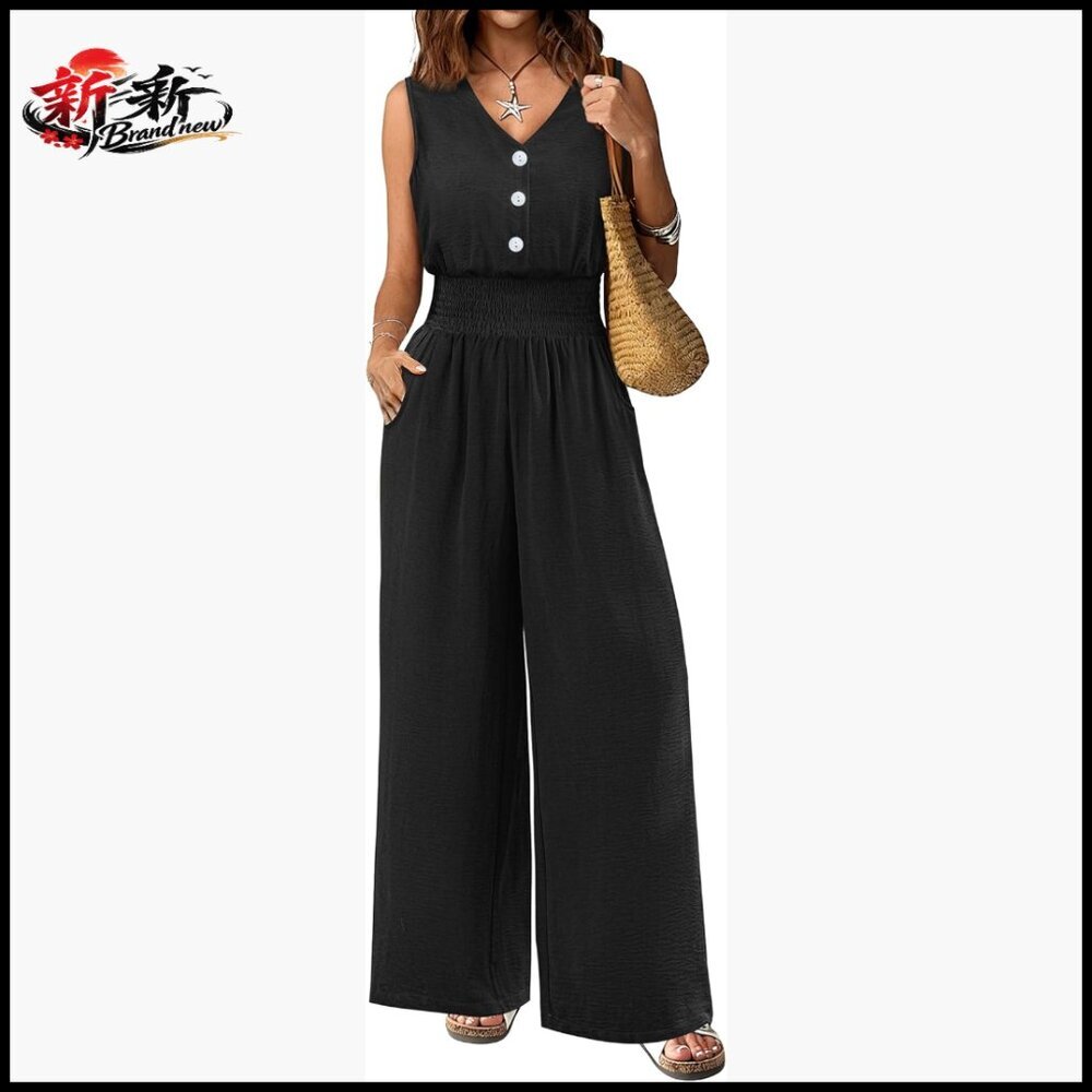 Sleeveless V-Neck Wide Leg Jumpsuit, 100% Polyester, Loose Fit